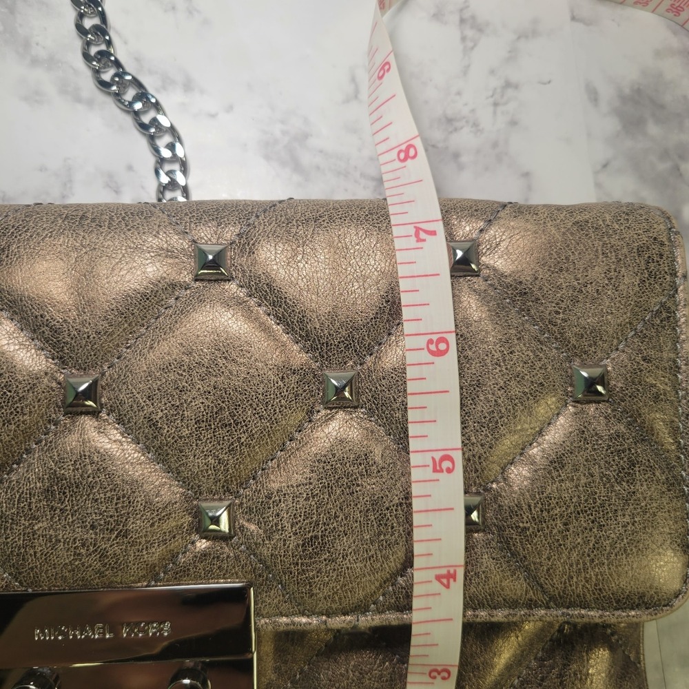 Michael Kors Sloan Metallic Bronze Quilted Leather Studded Chain Crossbody Bag - Picture 12 of 13